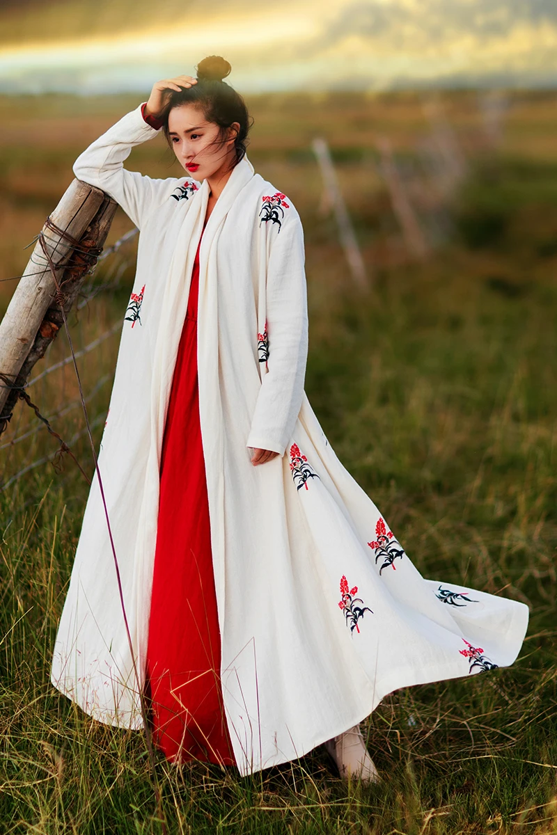 

MM042 Original Design Autumn 2018 vintage loose flower embroidered long sleeve maxi linen cardigan trench coat for women