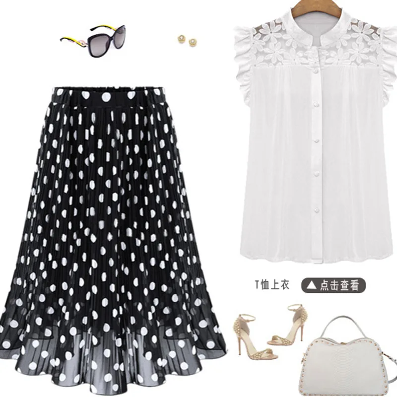 Юбка в горошек черная юбка Уличная женская одежда Saia Plissada Faldas Mujer Moda Midi Rokken Лето Spodnice Damskie