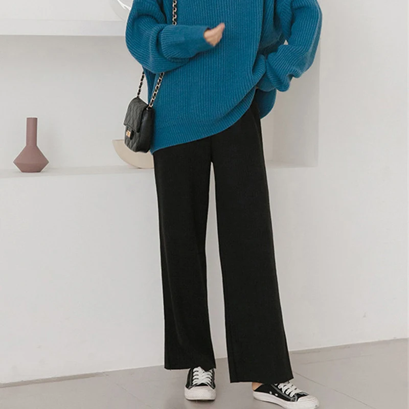 Темно Иконка Solid Цвет шерстяные Широкие штаны Для женщин эластичный пояс брюки