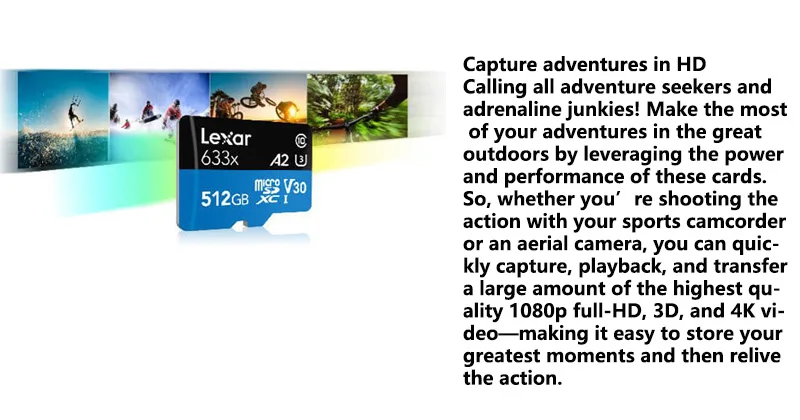 Lexar Micro sd карта 512 ГБ 95 МБ/с./с Высокая производительность 633x высокая скорость автомобиля TF флэш-карта памяти UHS-1 для смартфона камеры Gopro