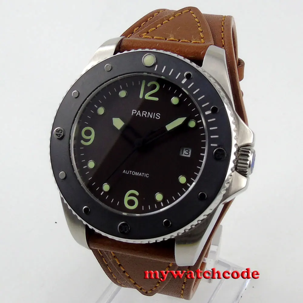 43 мм Parnis глубокий кофейный циферблат сапфир керамический ободок автоматические