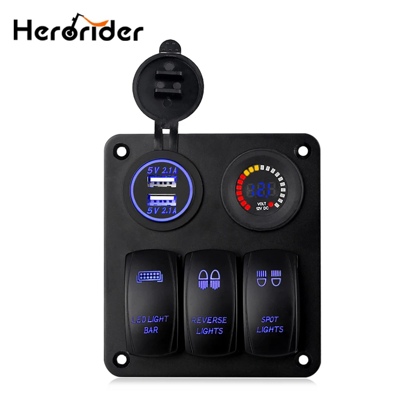 

3 Gang Marine Ignition Toggle Rocker Switch Panel with LED Voltmeter 4.2A Dual USB Charger Socket Adapter For Car Boat Vehicles