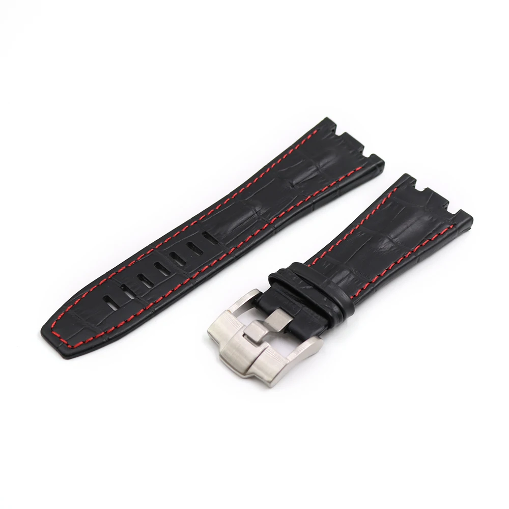 CARLYWET 28mm Black Real Leather Handmade Thick Wrist Watch Band Strap Belt For Oak Offshore 42mm