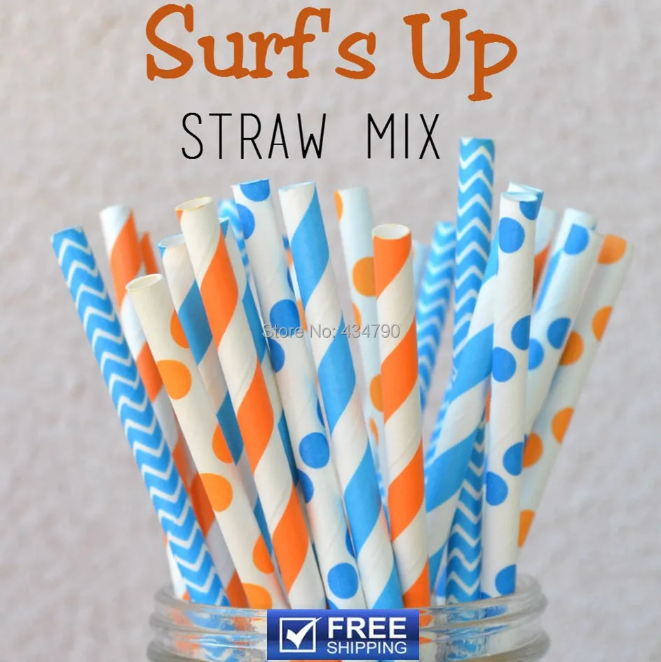 

250pcs Mixed 5 Designs Blue and Orange Holiday Paper Straws - Surfs Up Drinking Straws, Polka Dot, Chevron, Striped Party