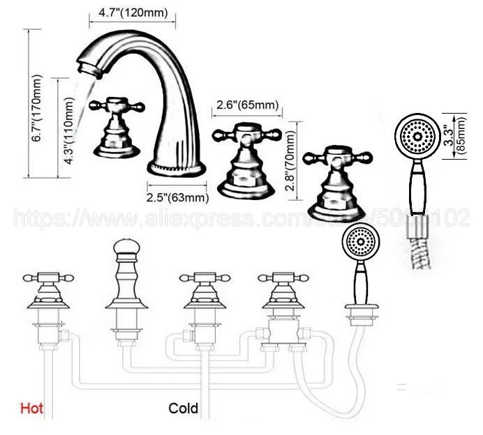 Античная красная медь кран для ванной комнаты 3 ручки 5 отверстий на бортике