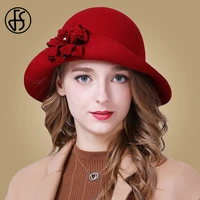 fs vintage red church hat women elegant winter wool wide brim fedoras ladies blue black fedora flower bowler felt cloche hats