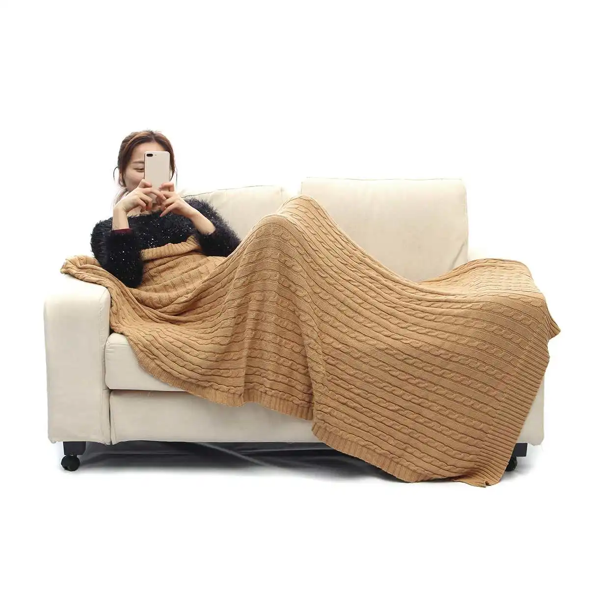 Solid Color Knitted Cotton Wool Blanket Handmade Soft Plaid Throw Blanket On Sofa Bed Plane Warm Bedspreads Home Decor