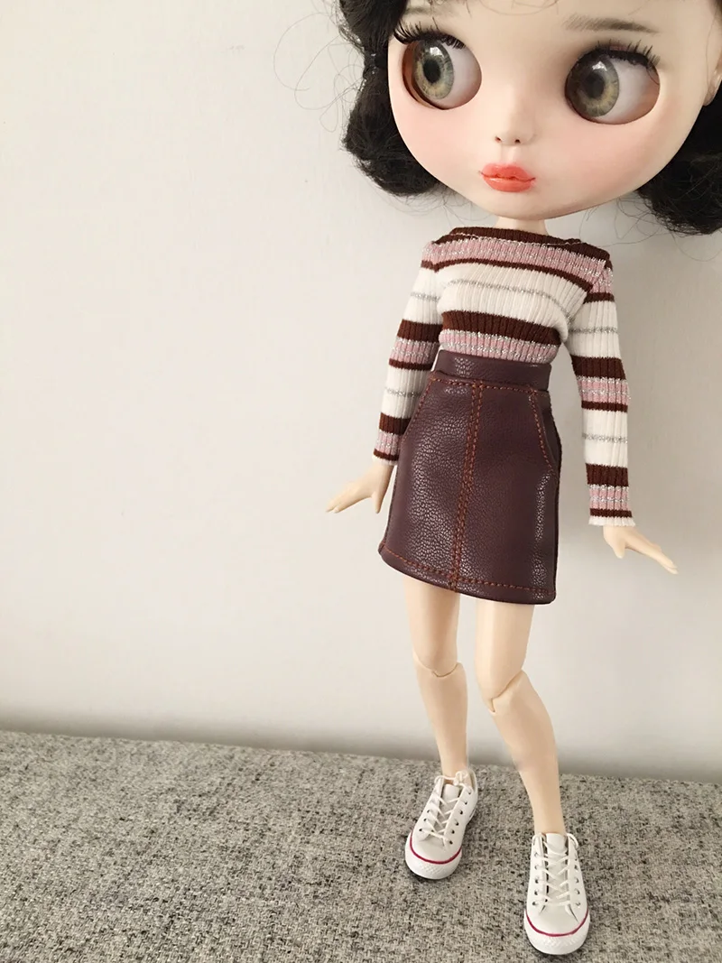 New Fashion Blyth Doll Clothes Stripe Shirt+Leather Skirt for Dress outfit Set ob24 azone s blyth doll Accessories | Игрушки и хобби