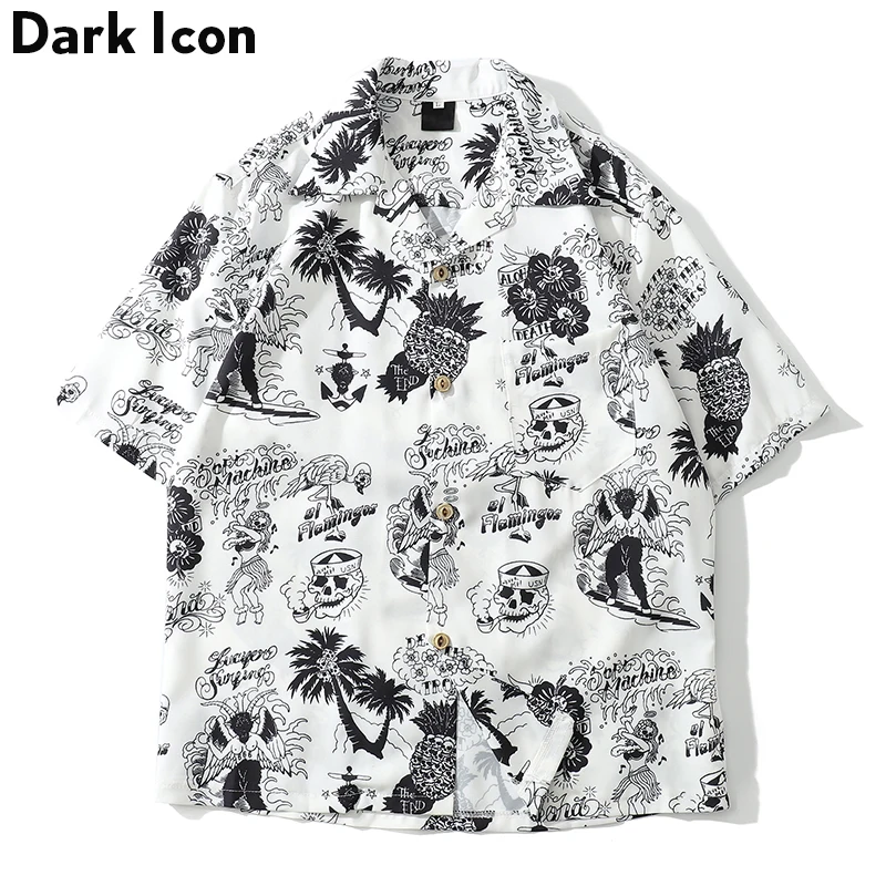 Мужская рубашка с коротким рукавом Dark Icon белая принтом в стиле ретро лето