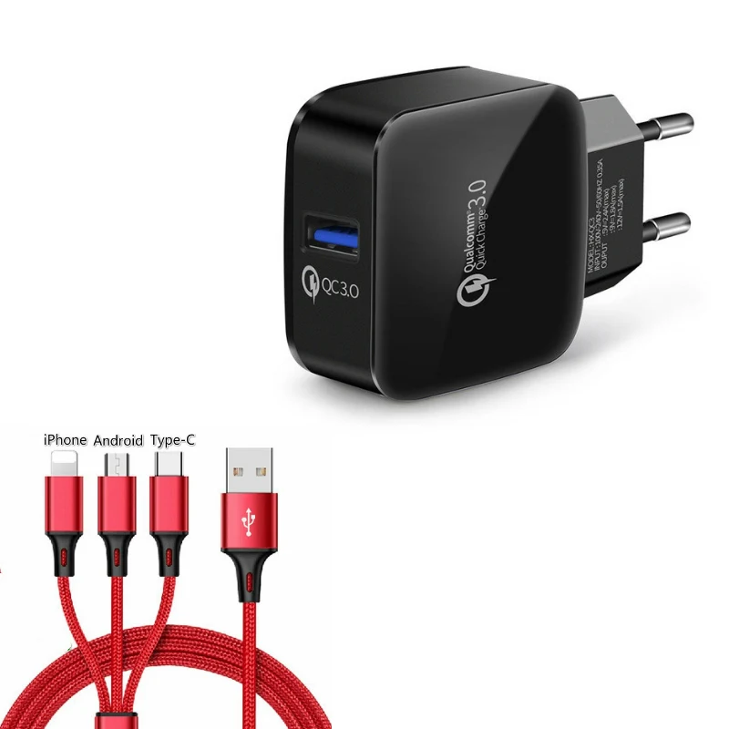 EU Black Set 1 Зарядное устройство USB, зарядное устройство для телефона, быстрая зарядка 3,0, штепсельная вилка европейского стандарта, быстрое USB зарядное устройство для путешествий, зарядка для iPhone, samsung, lenovo, htc, смартфона - Цвет: EU Black Set 1