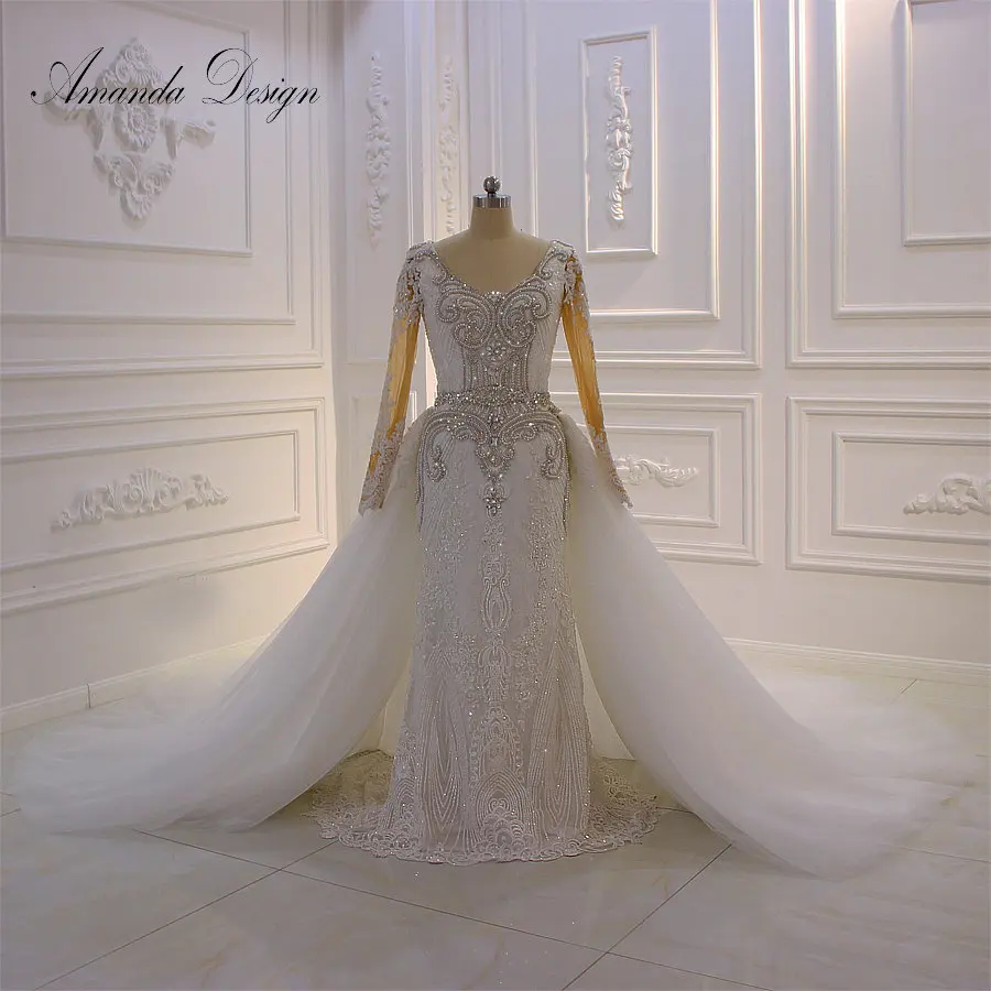 Аманда дизайн robe de mariage sirene длинный рукав горный хрусталь Съемная юбка свадебное платье