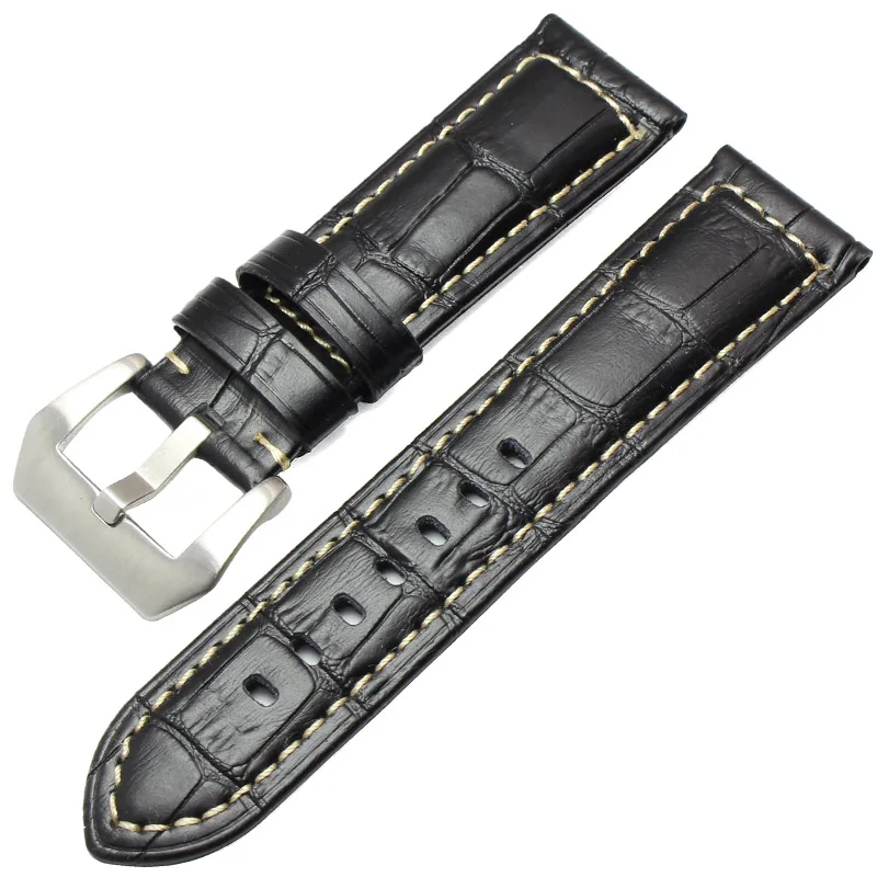 Black silver buckle Натуральная кожа Ремешки для наручных часов для мужчин Высокое качество Толстые часы ремешок 22 мм 24 мм коричневый черный наручные часы ремень пряжка для Panerai - Цвет ремешка: Black silver buckle
