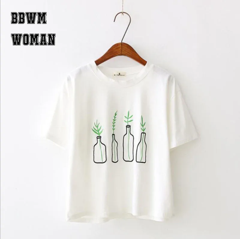 

Summer New Small Fresh Sweet Embroidery Vase Pattern Women T Shirt Round Neck Short Sleeved Tee Shirts ZO574