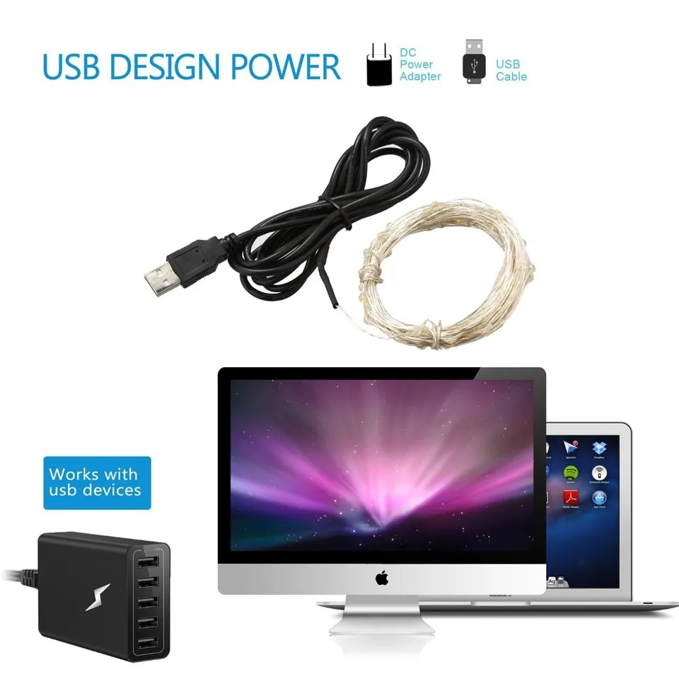 5 в 10 м USB питание медный провод водонепроницаемый светодиодный гирлянды для праздника, вечеринки, свадьбы, рождества светодиодный гирлянды для освещения
