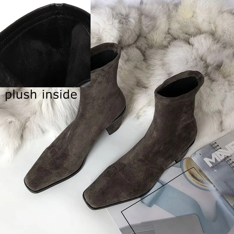 plush inside ALLBITEFO/Модные ботильоны для женщин на толстом каблуке; обувь из флока; женская обувь на высоком каблуке; зимние женские ботинки; ботинки для девочек - Цвет: plush inside