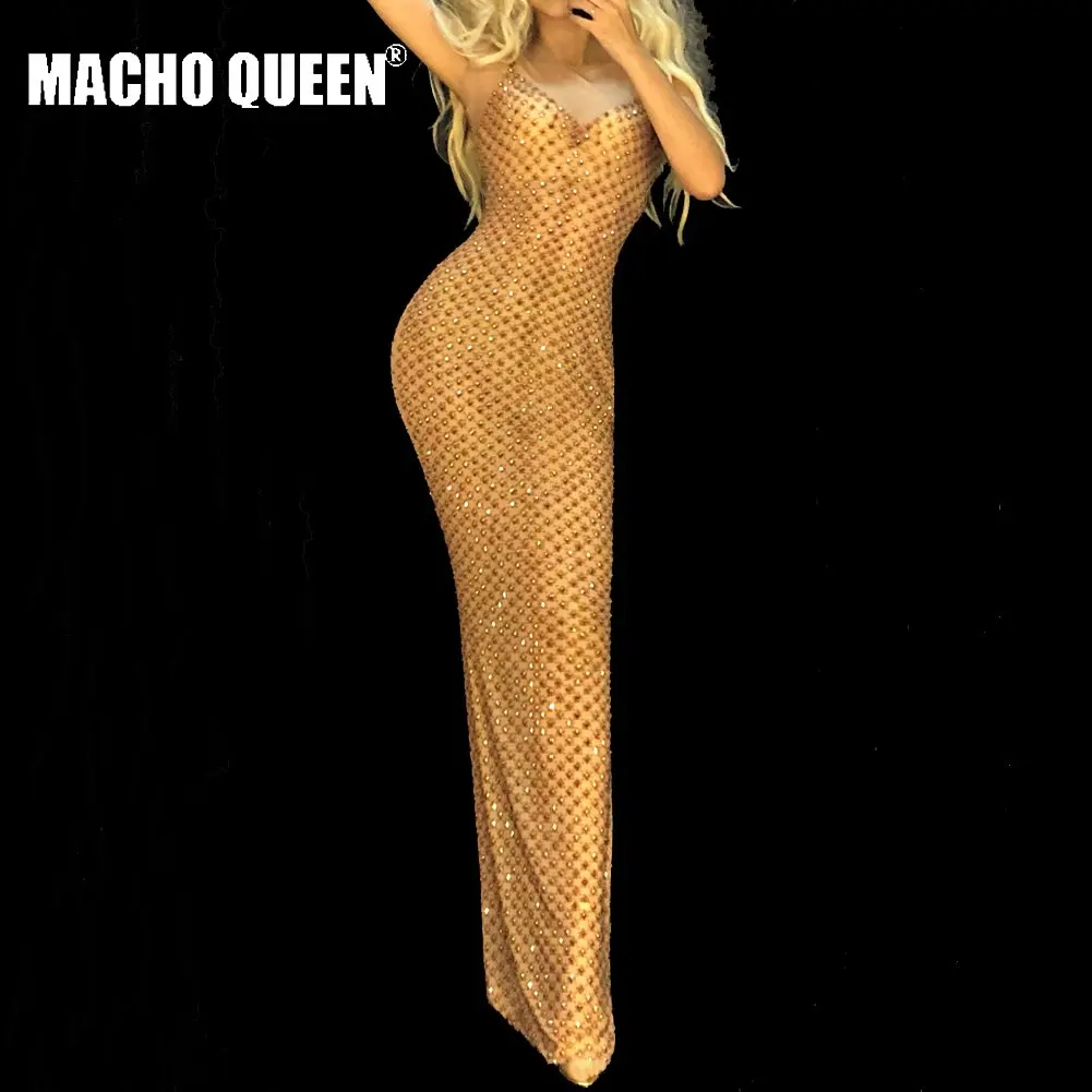 Женское прозрачное вечернее платье Drag Queen длинное Сетчатое с золотыми стразами для выпускного вечера