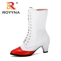 royyna 2019 new designer autumn heels pointed toe microfiber zipper style sexy mid calf womens boots bota feminina comfortable