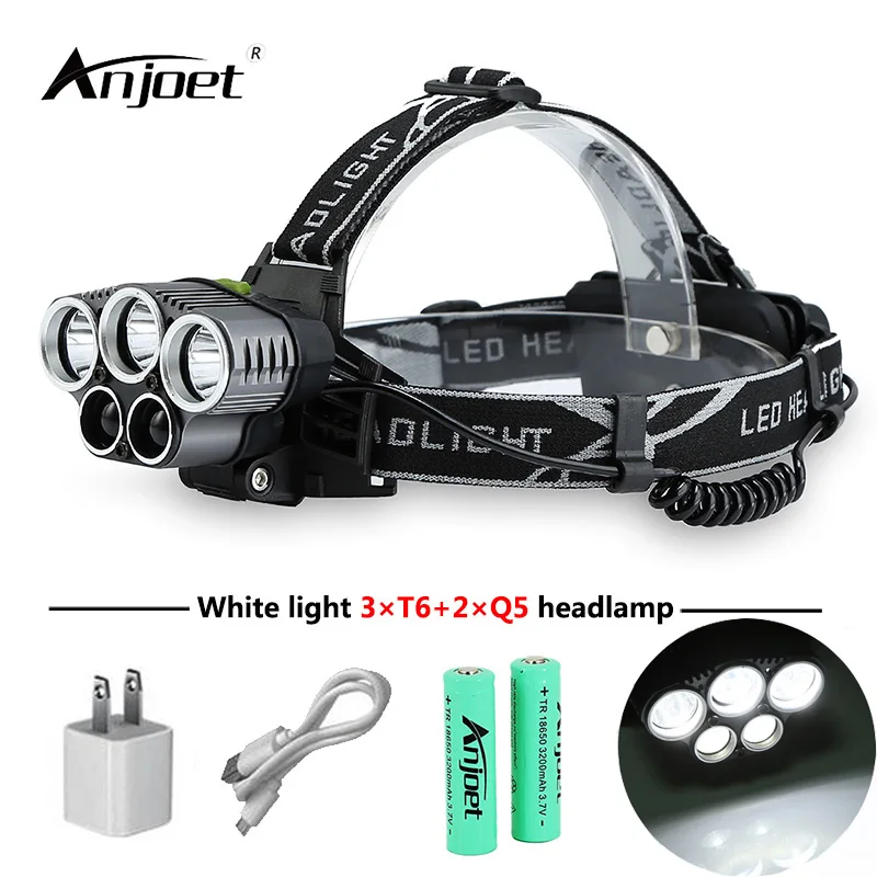 

ANJOET 5 led headlamp head lamp headlight XML-T6 Q5 4000 lumens powerful led flashlight torch + 18650 battery + USB cable