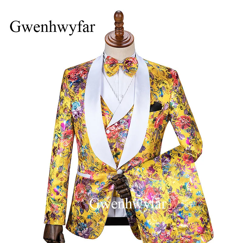 Gwenhwyfar Gold Men Suits Fashion Terno Masculino Tailor-Made Wedding Prom Party Formal Slim Fit (Coat Pant Vest Tie) | Мужская одежда