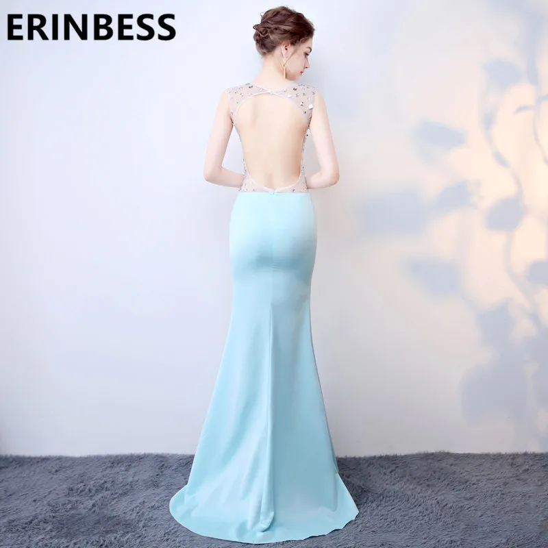 Light Sky Blue Mermaid Evening Dresses See Through V Neck Beaded Rhinestone Long Backless Prom Gowns For Women | Свадьбы и торжества