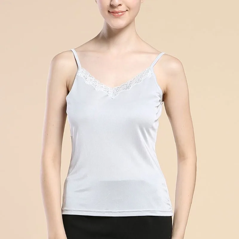 Women Silk Camis 100% Pure Silk Knit Womens Lacy V Neck Camisole Tank Top Bottoming Shirt Size M L XL XXL