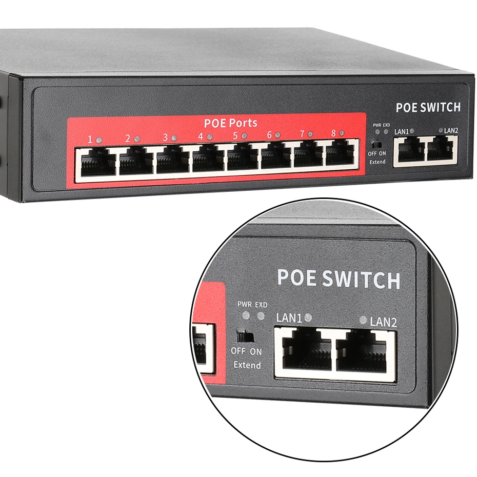 52 V/48 V сетевой коммутатор POE Ethernet 8 Ethernet порт 2 Uplink Ethernet порт IEEE 802,3 af/at подходит для ip-камеры