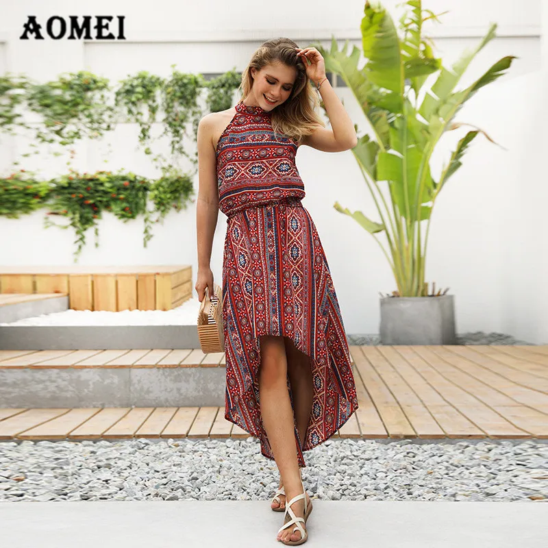 Женское платье Высокая Низкая Ретро без рукавов Холтер эластичная пляжная