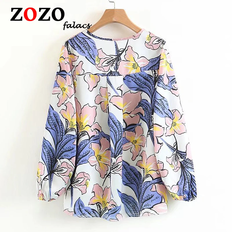 Falacs Zozo Summer Spring Vintage Office Lady Prairie Chic Casual Floral Print Fashion Lantern Sleeves Blouses Shirts Women |