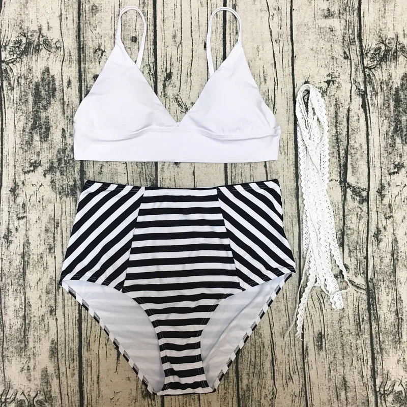 Новинка 2019 купальник с высокой талией винтажный Ретро лямкой на шее полосатый