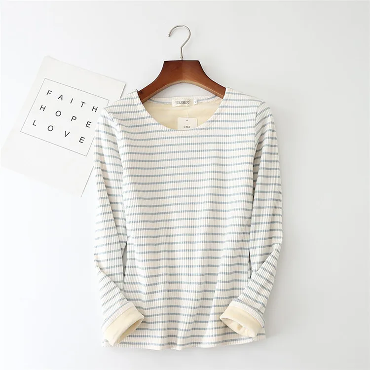 blue Striped Осень-зима, Женская Полосатая футболка, облегающая, теплая, утолщенная, бархатная футболка, для девушек, приталенная, длинный рукав, рубашка, топы AB1050 - Цвет: blue Striped