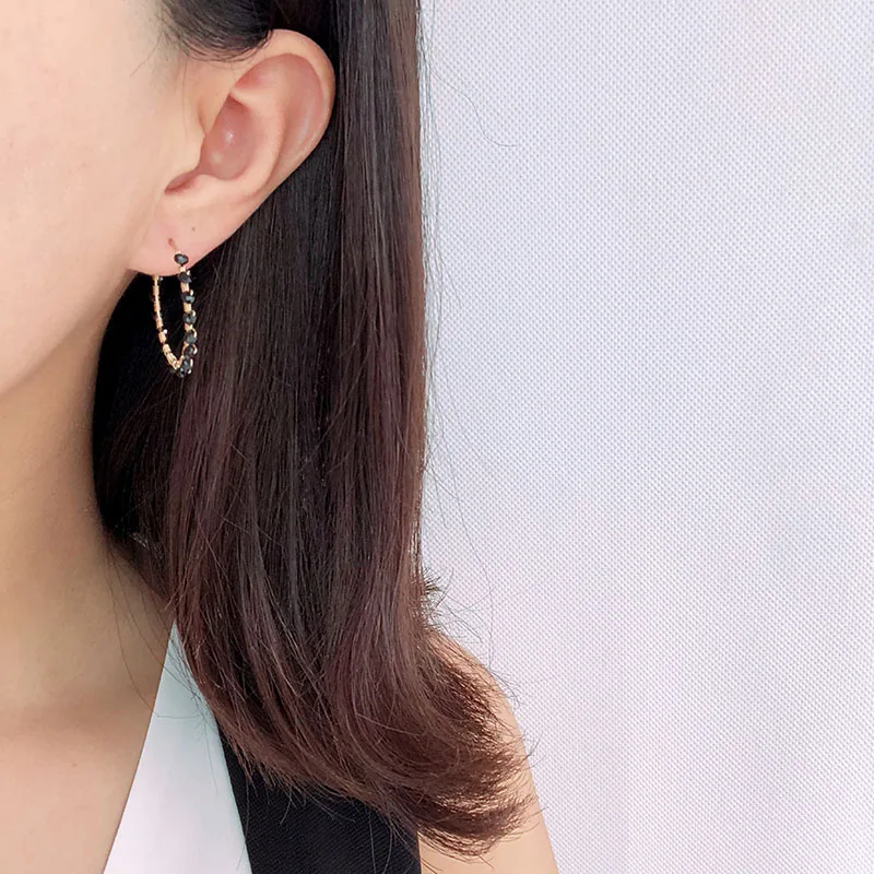 

Domino Handmade Black stone Hoop Earrings stone Hoop Earrings Beaded Wire Wrapped Simple Earrings