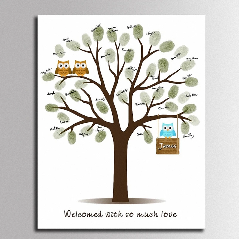 Счастливая семья сов DIY отпечаток пальца Подпись Холст Картина Гостевая книга