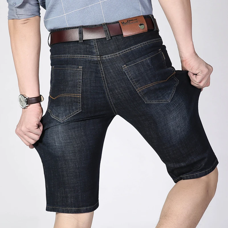 Мужские джинсовые шорты до колена синие прямые повседневные стрейч лето