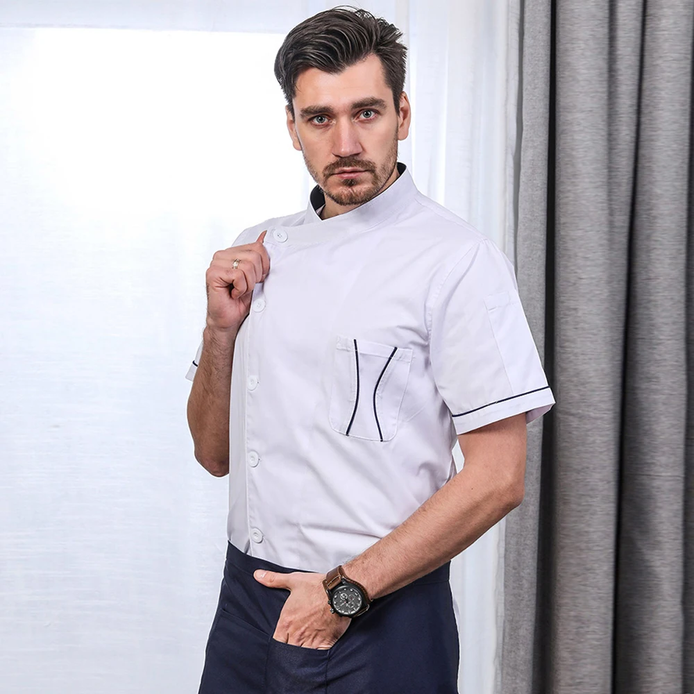 

Short sleeves restaurant uniform Food service high quality restaurant uniforms shirts blue top chef coat Cooking competition