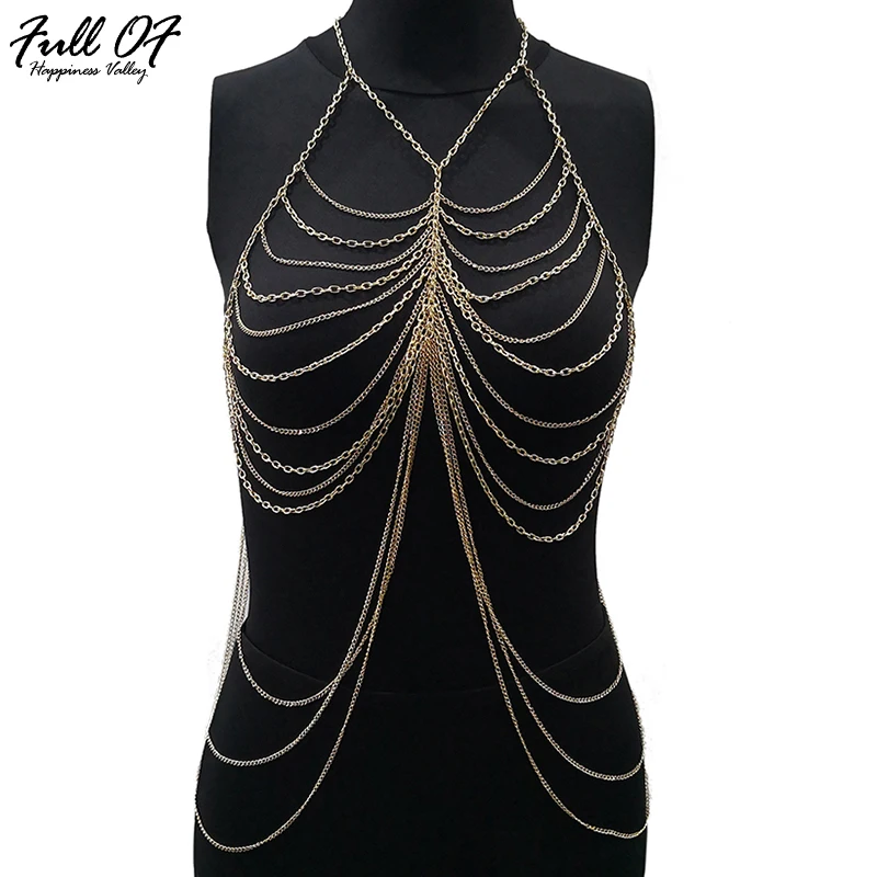 

Sexy Women Gold Plain Metal Chest chain Hollow Crop Tops Halter Camis Summer Beach vest Backless Womens Nightclub Party Tank Top