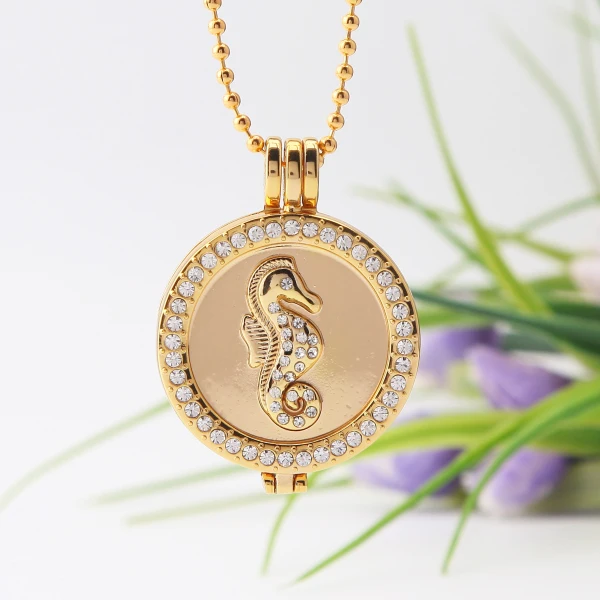 Морской конек монет подвеска Neckalce настоящее позолоченные 33 мм большой диск