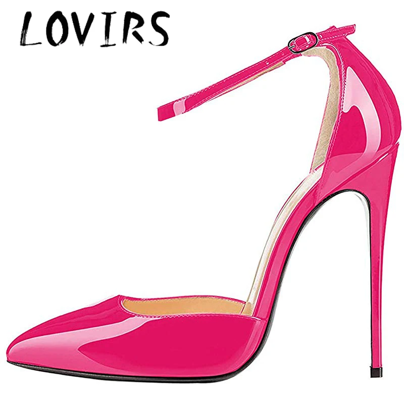 Rose Red Lovirs/женские туфли-лодочки на высоком каблуке с острым носком и ремешком на щиколотке; лакированные свадебные туфли - Цвет: Rose Red
