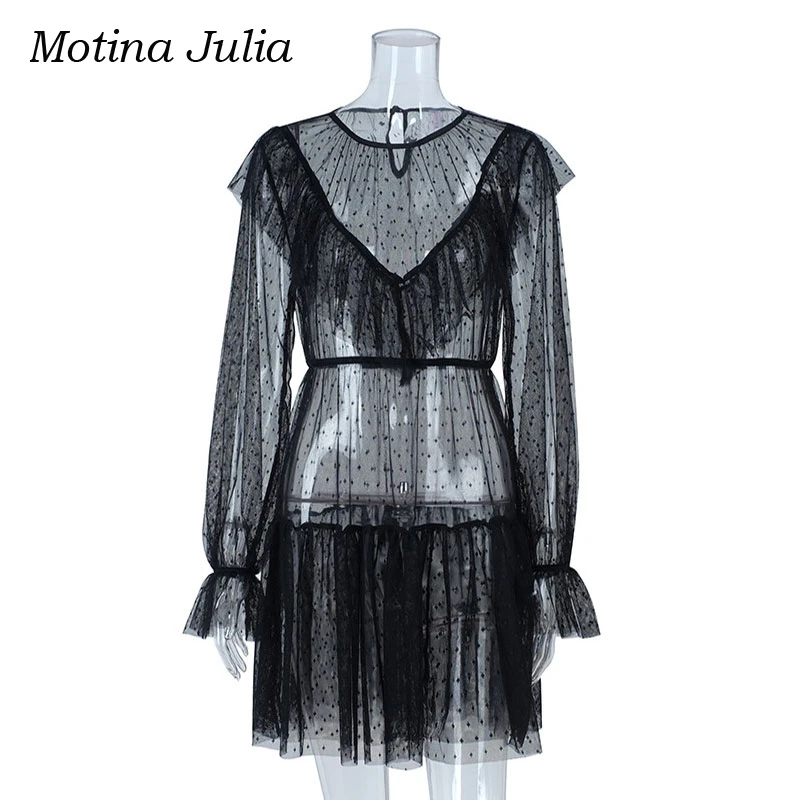 Motina Julia новинка 2018 Осень зима черное Сетчатое платье вечерние Клубные 2 вещи в