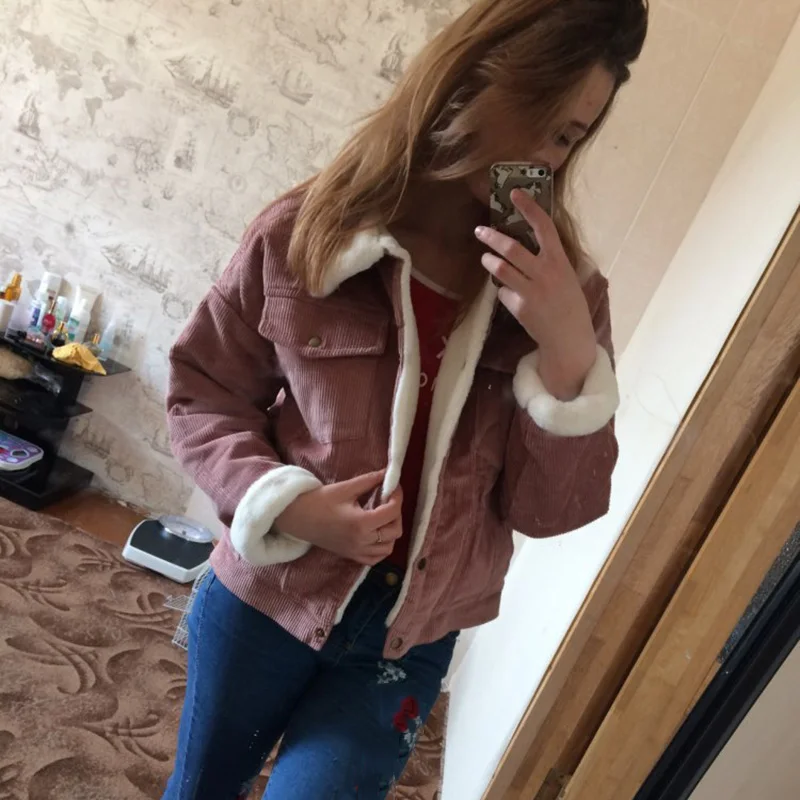 

2018 Colorful Women Winter Corduroy Jacket Female Winter Lamb Fur Parka winter Thick Short jacket Outwear Winter female Coat