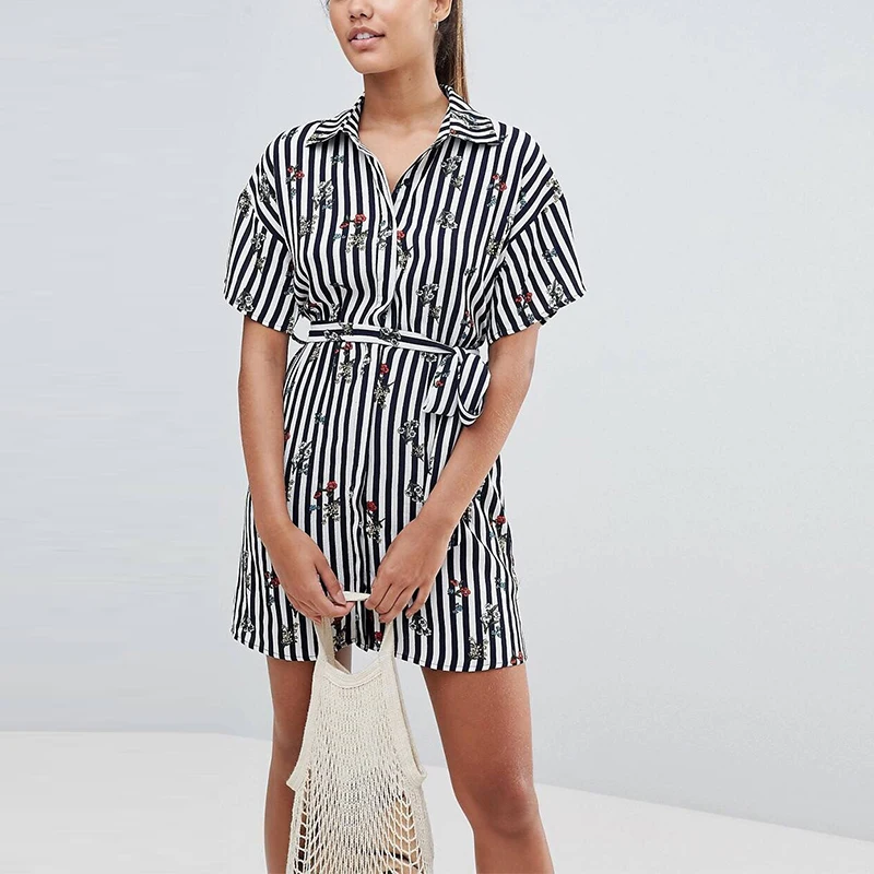 Women shirt style short dress 2019 Flower print stripe spring summer vestidos Belt decoration casual A-line | Женская одежда