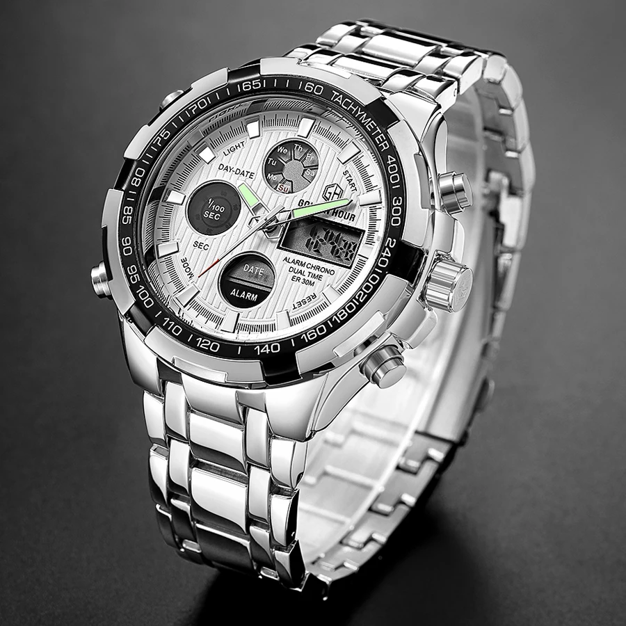 Часы мужские спортивные водонепроницаемые со стальным золотым покрытием|led color