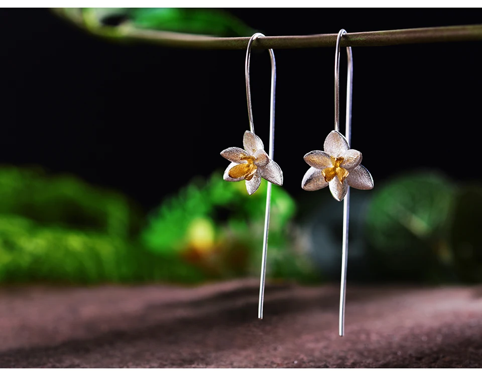 Lotus весело Настоящее стерлингового серебра 925 природных творческий ручной Fine Jewelry Симпатичные цветущих серьги для Для женщин Brincos