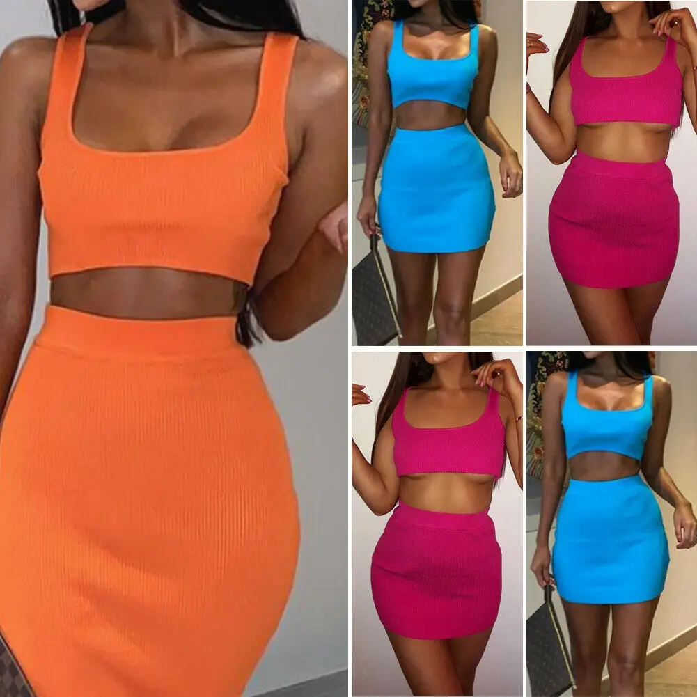 Женский укороченный топ + юбка комплект из 2 предметов летний женский облегающий