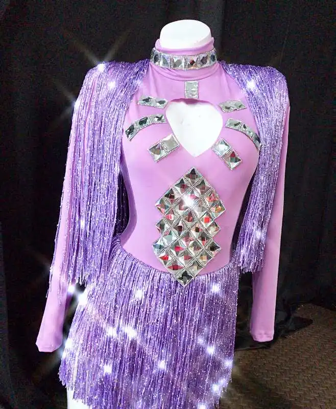 6 Colors Sparkly Crystals Long Sleeve Purple Bodysuit Nightclub Party Women Teams DJ Jazz Dance Costume Bar Singer Show Jumpsuit
