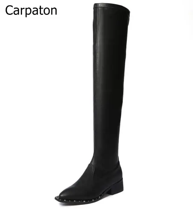 

Hottest Selling Women Solid Black Flock Patent Over The Knee Slip On Long Boots Winter Round Toe Low Square Heel Sexy Booties