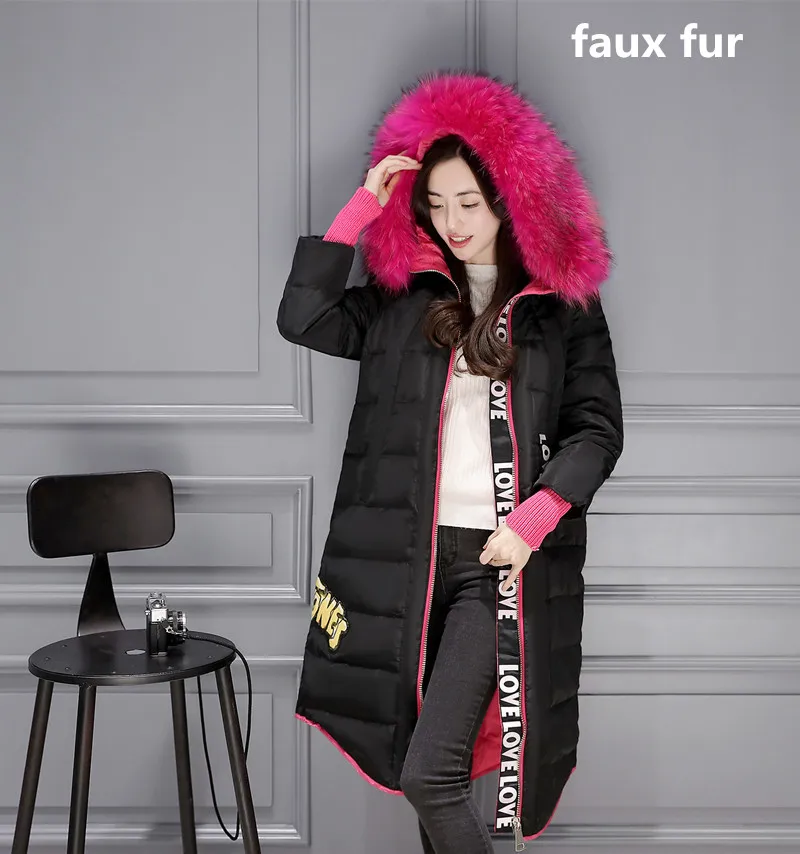 black faux fur AYUNSUE, большой размер, 5XL, толстые женские пуховики, белый утиный пух, пальто, женская зимняя куртка с капюшоном, женские красные парки, Casaco WXF501 - Цвет: black faux fur