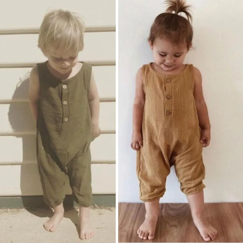 EnkeliBB Baby Boy Sleeveless Romper High Quality European Style Boy Onesie For Summer Green/Brown Kid Girls Button Romper