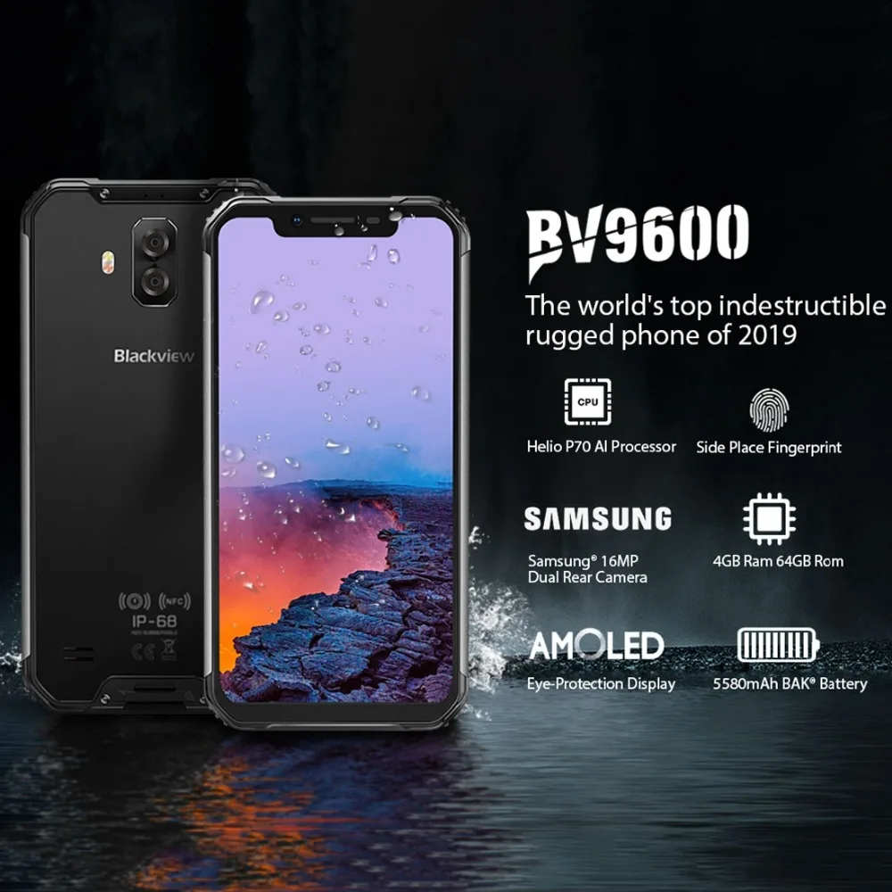 Blackview BV9600 водонепроницаемый мобильный телефон Helio P70 Android 9,0 4 Гб ОЗУ 64 Гб ПЗУ 6,2" 19:9 AMOLED 5580 мАч прочный смартфон