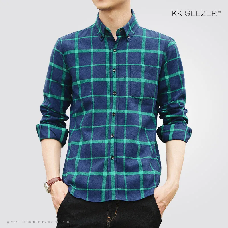 Green blue Мужская фланелевая клетчатая рубашка, Повседневная, хлопковая, для отдыха, дышащая,, длинный рукав, тонкая, осенняя, высокое качество, Мужская одежда, рубашка, официальная рубашка - Цвет: Green blue