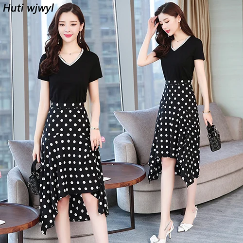 Top and Skirt Весенний винтажный корейский сарафан миди Летний Плюс размер офисный женский костюм из двух частей элегантные женские вечерние платья - Цвет: Top and Skirt
